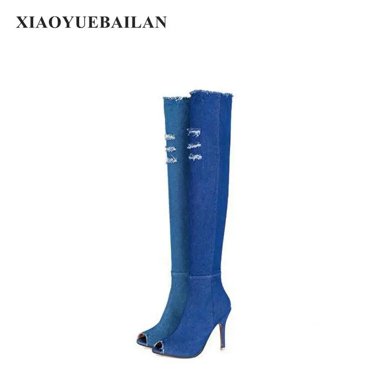 

2017 High-heeled Cowboy Boots Size Knee Club Fish Mouth Shoes Side Zipper