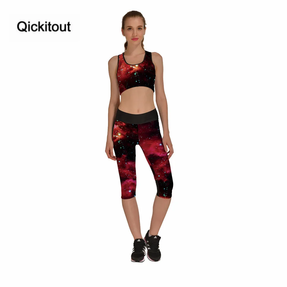

Qickitout Set High Quickly Women's Red Star Galaxy Digtal Print 2 Pieces Set Bra + Capri Pants Stretchy Tops Elastic Waist