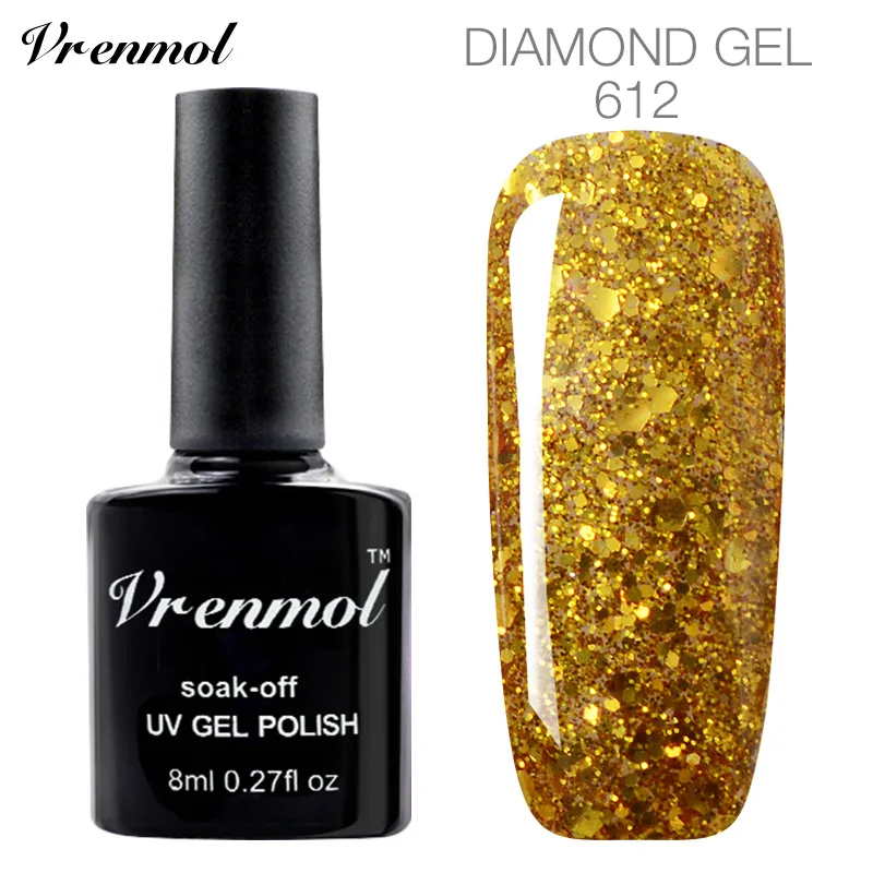 Vrenmol Блестящий 3D Алмазный Блеск цвета золотые блестки гель лак замочить от ногтей профессиональный УФ-гель для ногтей - Цвет: 612