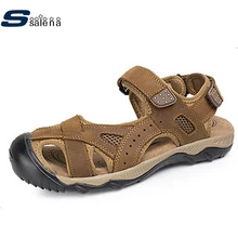 Мужские сандалии; коллекция года; пляжные сандалии из натуральной кожи с дышащей сеткой; универсальная повседневная обувь; большие размеры 39-48; AA10050