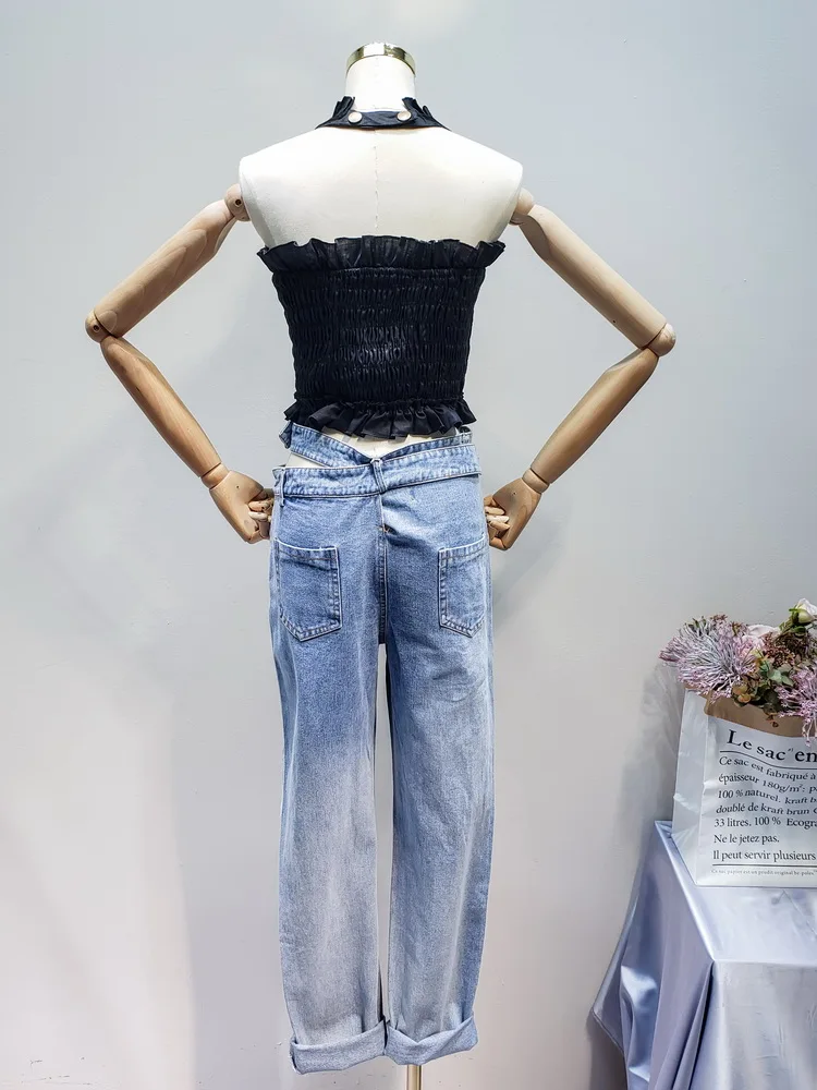 GETSRING женские джинсы с низкой талией, рваные джинсы с двойной талией, джинсы с дырками, женские джинсовые штаны, свободные длинные джинсовые брюки
