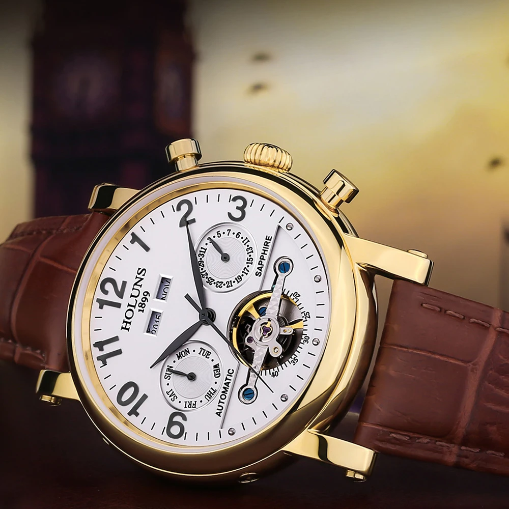 Часы наручные мужские механические золотистые с кожаным ремешком|watch brand|watch