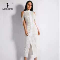 Missord сексуальные новые элегантные платья с открытыми плечами и белыми бусинами, женские платья с заклепками средней длины, бодикон до середины икры, FT8881-1 - Цвет: Белый