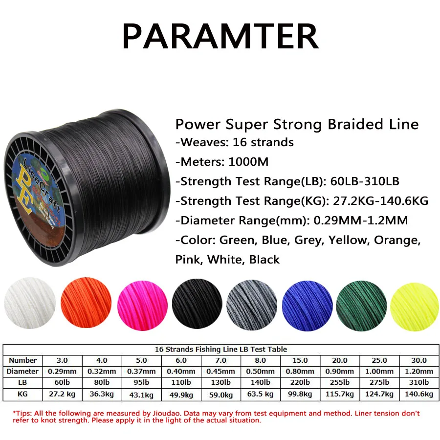 16 Strands Braided Fishing Line 1000m 8 Colors Super Strong Japan  Multifilament Fishing Line 60LB-310LB for Sturgeon Fishing