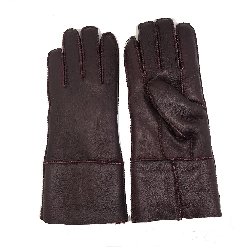 Wine Winter Women Gloves Real Wool Genuine Leather Sheepskin Gloves Solid Sheep Fur Mittens Elegant Warm Female Gloves N13