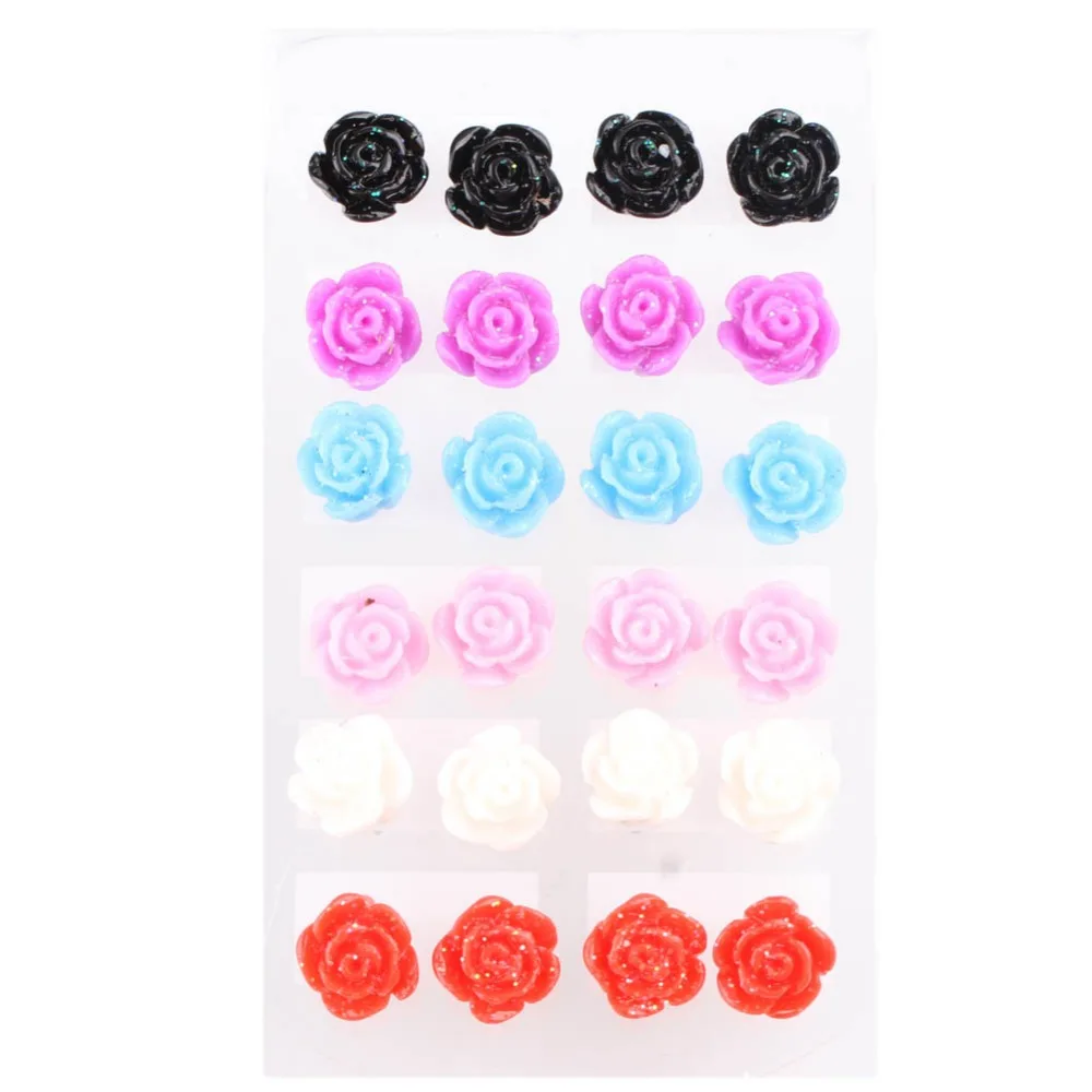 

Hot Fashion 12 Pairs /set Beautiful Flower Rose Shaped Women Stud Earrings Ear-0865 Colorful Ear Studs Accessories