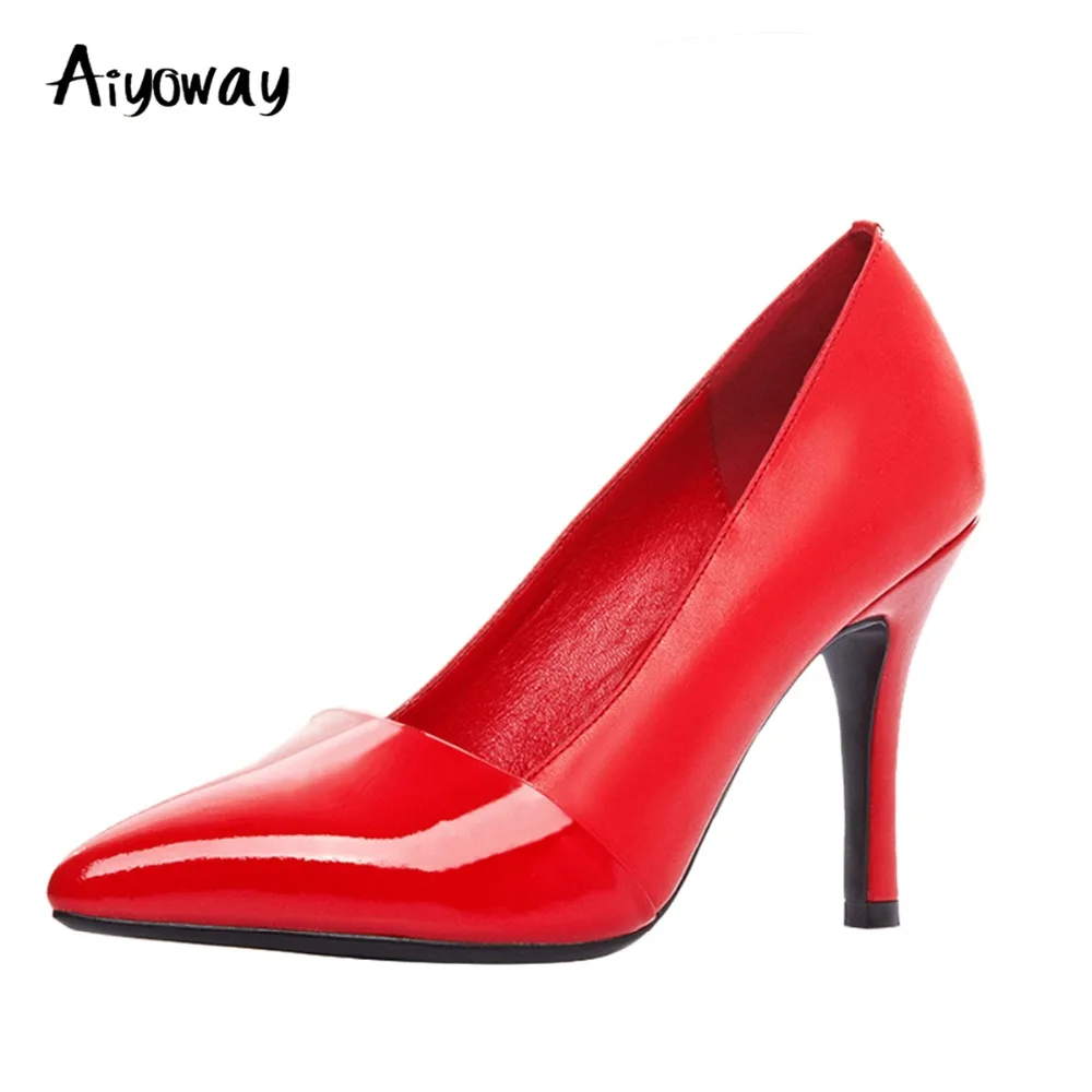 

Ladies Party Pointed Toe High Heels PU Pumps Aiyoway Elegant Women Shoes Autumn Spring Work Career Footwear Black Red Slip-On