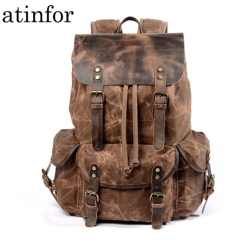 

Waterproof Oil Wax Canvas and Genuine Leather Backpack Men Travel Vintage Drawstring Rucksack Large Capacity String Laptop Bag