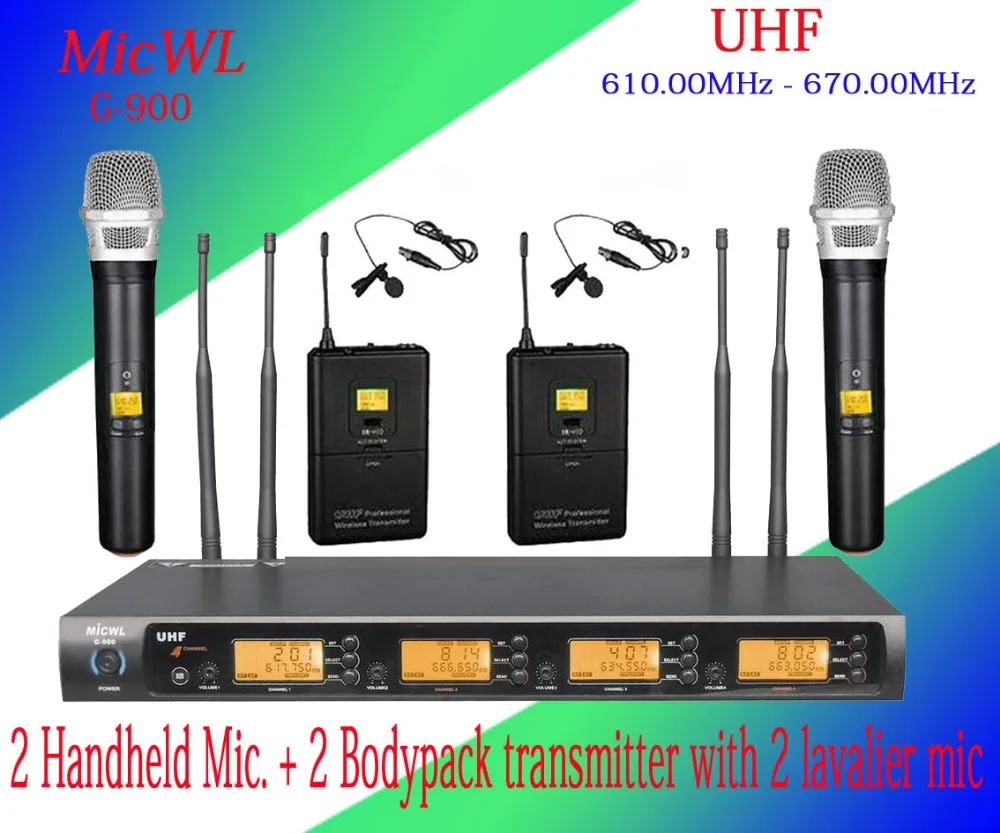 

MICWL 4x100 Channel UHF Wireless Karaoke Microphone System 2 Handheld Mic. + 2 Bodypack transmitter with 2 lavalier mic.