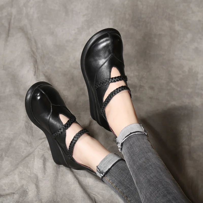 

Tyawkiho Genuine Leather Women Ankle Boots 6 CM High Heels Wedge Shoes Brand Leather Chelsea Boots Black Retro Handmade Shoes