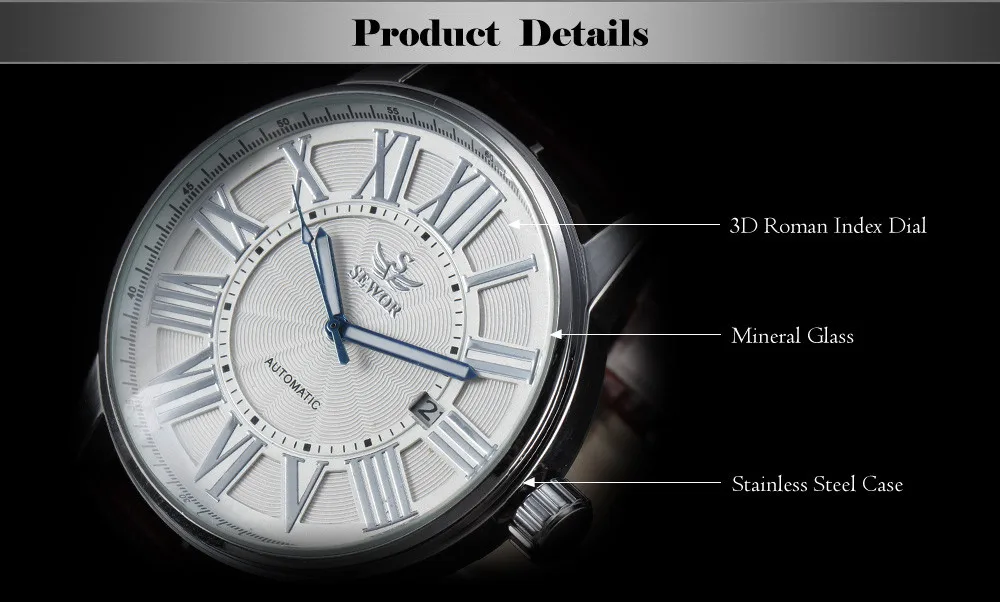 2016 new fashion SEWOR brand design business calendar clock men male automatic mechanical self wind leather wrist dress watch