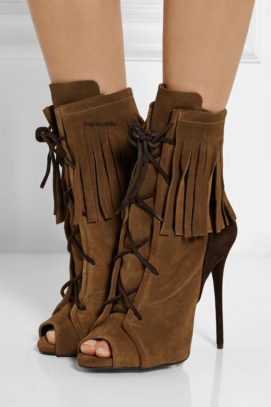 

New Arrival Brown Suede Patchwork Fringe Lace Up Ankle Boots Women Fancy Peep Toe Tassel Stiletto High Heel Sandal Booties