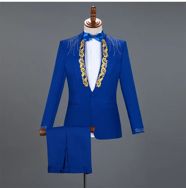 Red Sparkly Crystals Embroidery Blazers Suit Wedding Groom White Suits Stage Chorus Men Dresses Singer Host 2-Piece Set Costume