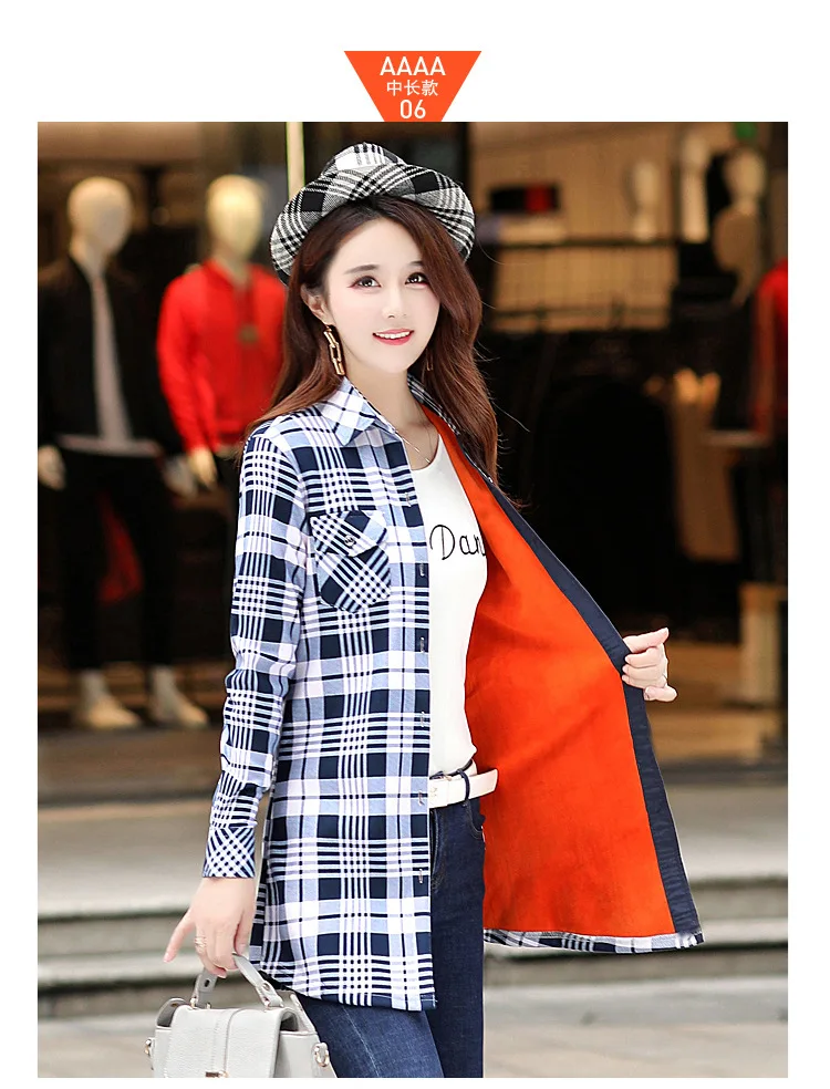 womens shirts Velvet Thick Warm Women's Long Plaid Shirt Female Full Sleeve Tops M-XXXL Winter Check Blouse Blusas Femininas Chemise Autumn off the shoulder shirts & tops