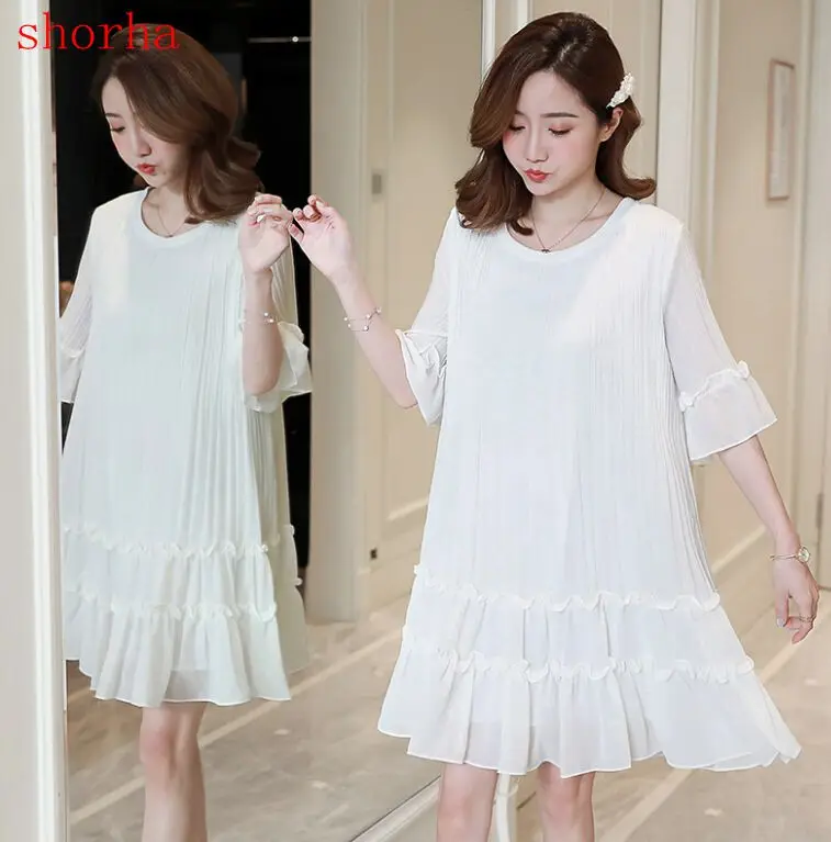 

Summer loose fashion pleated chiffon pregnant women dress plus size short flare sleeve o-neck ruffles maternity pleated dress