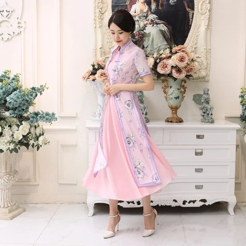 Горячая Распродажа, розовое сатиновое платье ручной работы на пуговицах в китайском стиле, вьетнамский Ао Дай, платье Ципао с коротким рукавом, сексуальное длинное платье с принтом, S-3XL AD5-B - Цвет: Розовый