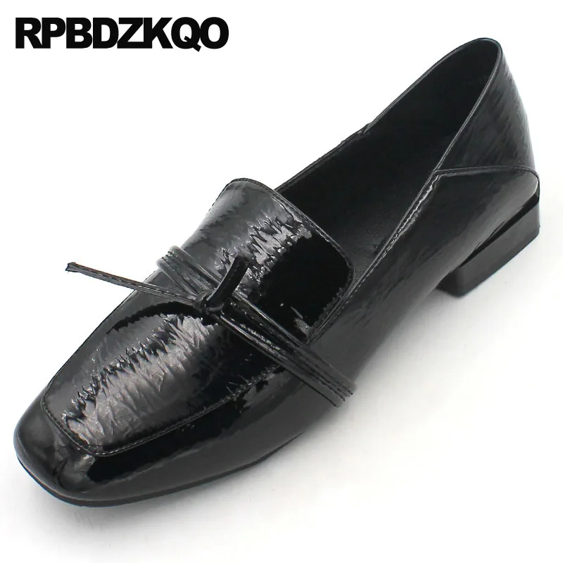 

block vintage thick women black square toe retro chunky 2019 slip on ladies low heels shoes wine red luxury patent leather bow