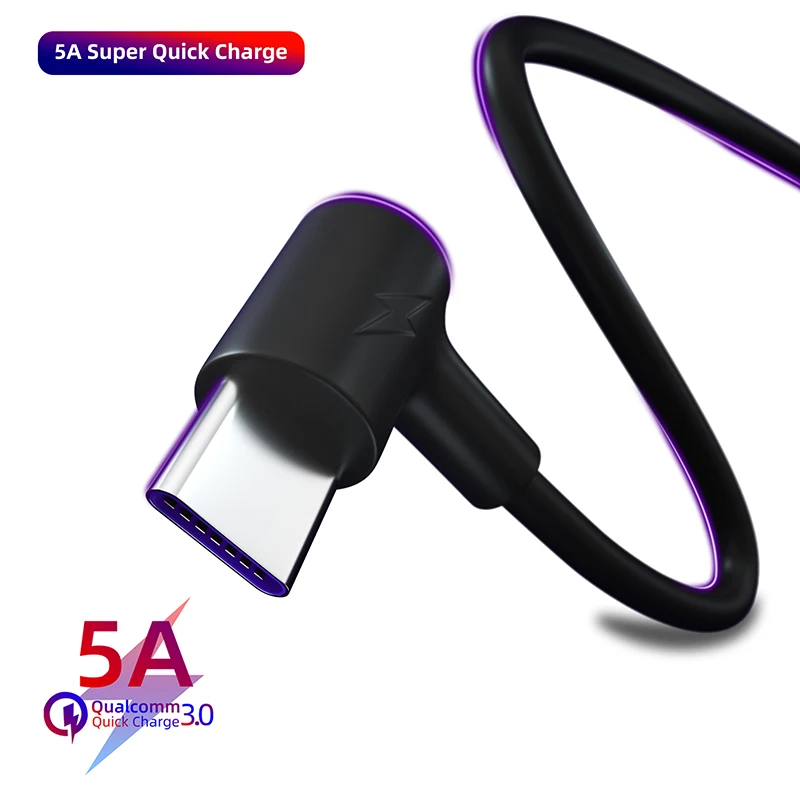 

90 Degree Typre C USB Cable 5A Fast Charger 3.1 For Samsung S9 S8 Xiaomi Mi8 Redmi note 7 Huawei USBC Phone Quick Charging Cable