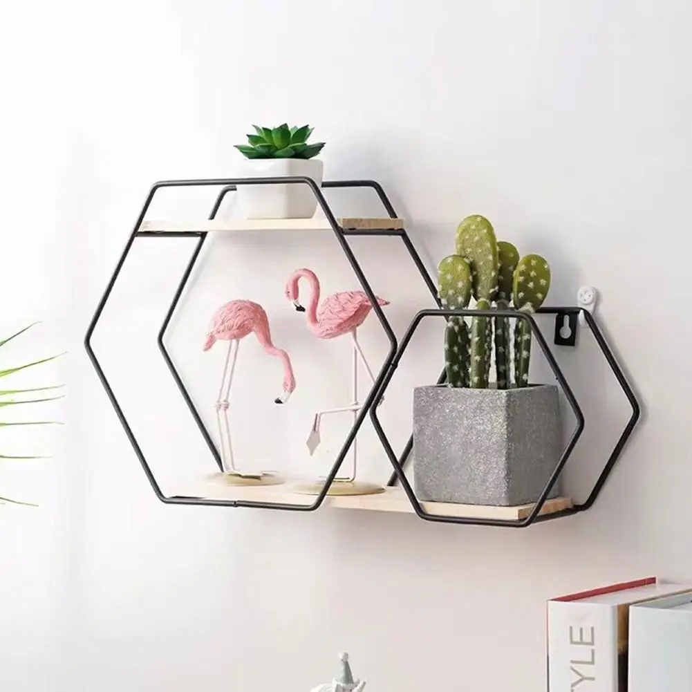 

Hexagon Rack Magazine Rack Wooden Iron Wall Shelf Wall Mounted Storage Rack Organization For Kitchen Bedroom Home Decor