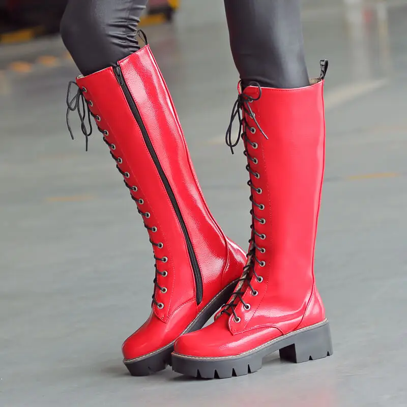 red knee high combat boots