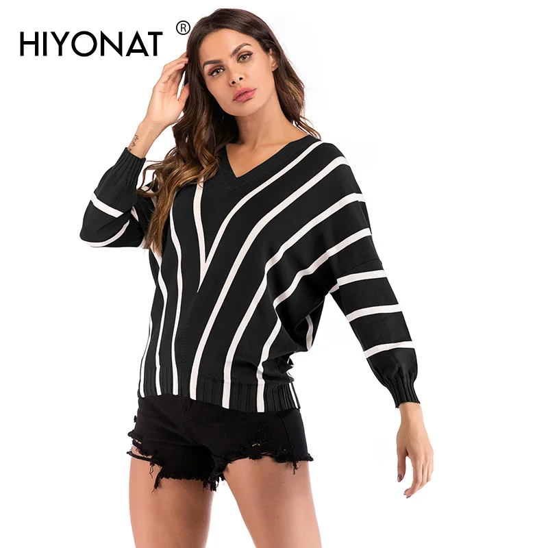 Hiyonat Elegant V-neck Sweaters Women 2019 Fashion Loose Fit Pullover Western Campus Pull Femme Autumn Basic Casual Jumper