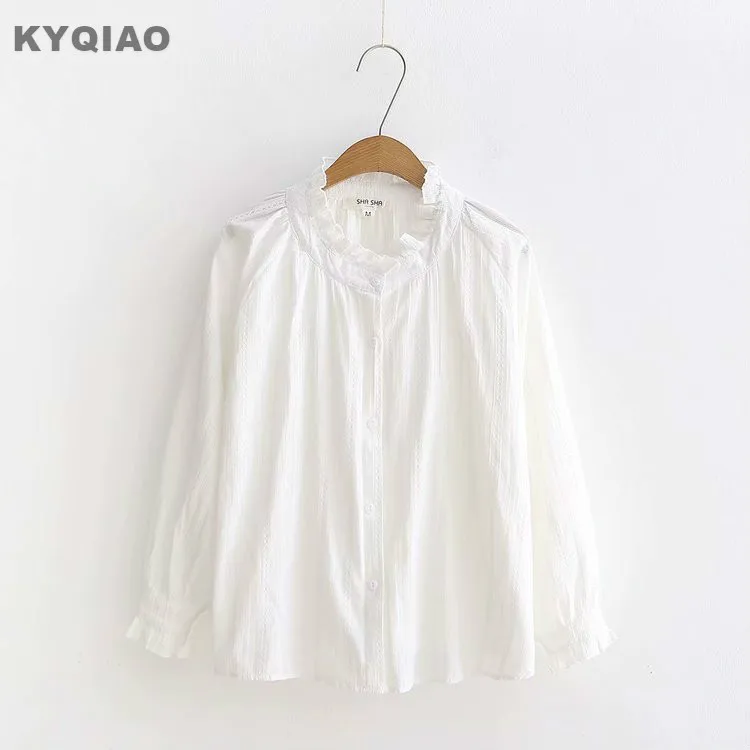 

KYQIAO Lolita shirt women white shirt mori girls autumn spring Japan style sweet long sleeve stand collar white solid blouse
