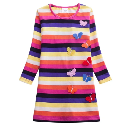 Платье с длинными рукавами для девочек, хлопковые весенне-осенние платья в радужную полоску с вышитыми бабочками для девочек, AL6462 - Цвет: Fuchsia
