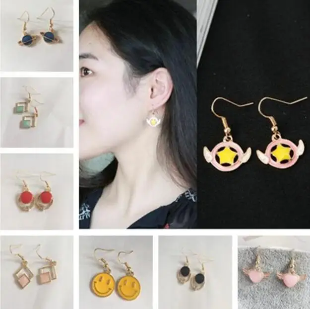 

Best gift friends Fashion simple geometric round square shape heart wings star smile face planet earrings Female charm jewelry