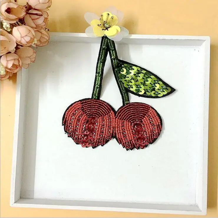 Sequined Cherry Patch for Clothes Sewing on Rhinestone Beaded Applique Jackets Jeans Bags Shoes Beading Sequins | Дом и сад