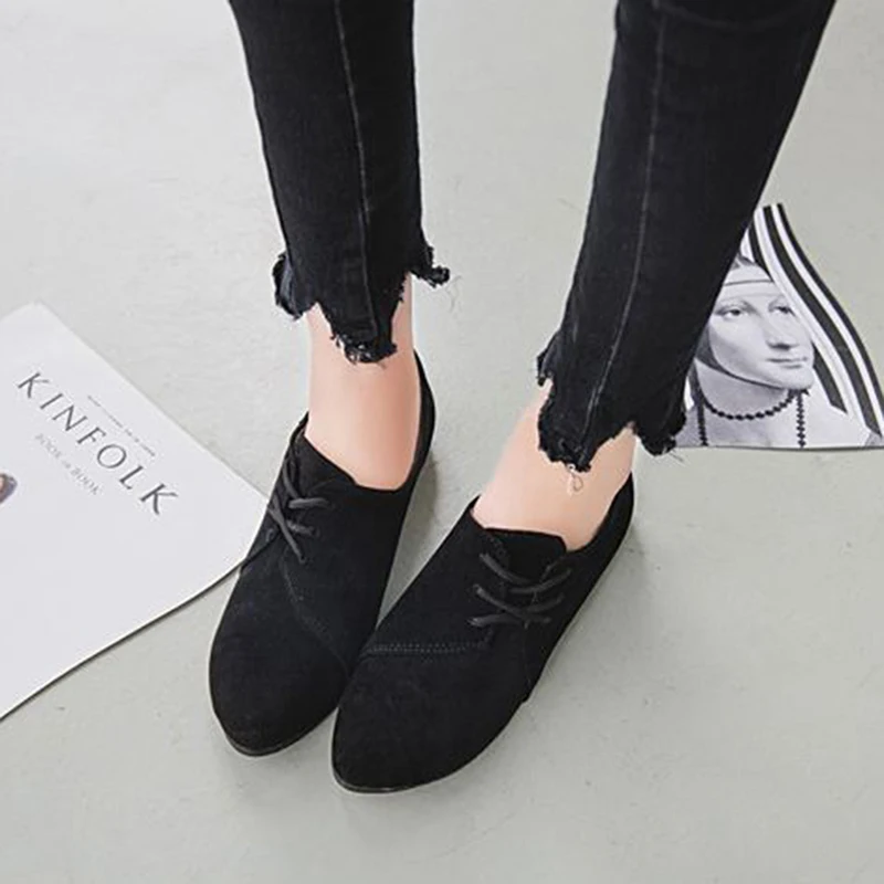 Solid Walking Shoes Sports Women Flat Shoes Solid Color Nubuck Leather Lace Up Round Toe