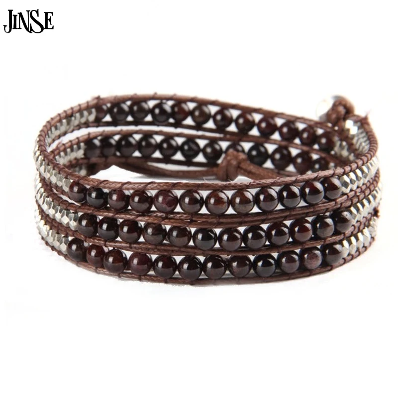 

JINSE Wax Cord Handmade Natural Stone Beaded Woven Braided Bracelet 6mm Stone Beaded 4 Layers Bracelets