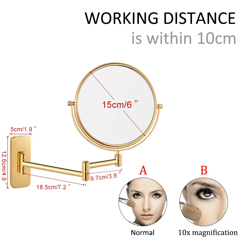 Гурун настенный зеркало для макияжа, бритья зеркала двусторонняя с увеличением и нормальный, 360 градусов вращение удлиненное зеркало - Цвет: 6 inch 10X