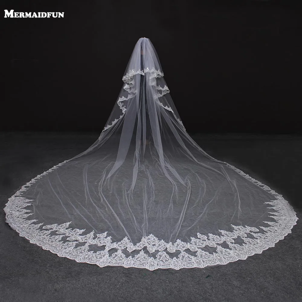 

2019 Luxury 5 Meters Bling Sequins Full Edge Lace Two Layers Wedding Veil with Comb Long Bridal Veil Veu De Noiva
