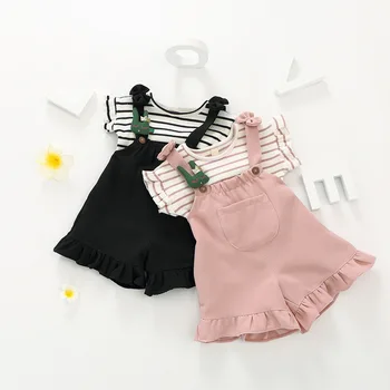 

Fashion Kids Clothes Baby Girls Clothing Sets Toddler Kids Girls Clothes Set striped T shirt + bow pant Overalls Set black pink