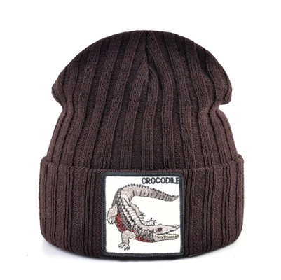 Fashion Skullies Beanies Men Women Knitted Wool Hats With Crocodile Patch Double Layer Knitting Bonnet Cap Unisxe Streetwear Hat - Цвет: Brown