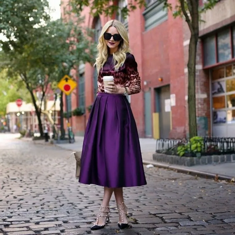 Осенняя модная фиолетовая сатиновая юбка с невидимым боковым карманом длиной до середины икры, плиссированная длинная трапециевидная макси юбка с высокой талией, Женская юбка
