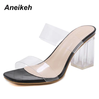 

Aneikeh 2019 Summer Fashion PVC Ladies Slippers Shallow Mouth Transparent Sexy Open Toe Crystal Thick With High Heel Slippers