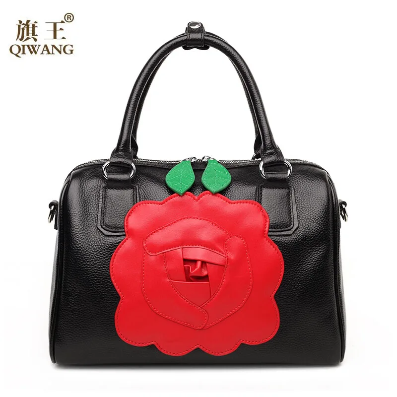 QIWANG women bag 2016 new genuine leather bag fashion green leaves red flower elegance boston bag