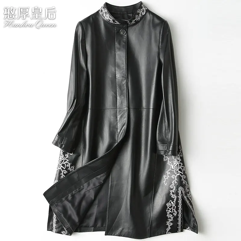 

Women Sheepskin Coat China style Long Leather Trench Coat Ladies Overcoat Real Genuine Leather Jacket Female Outwear