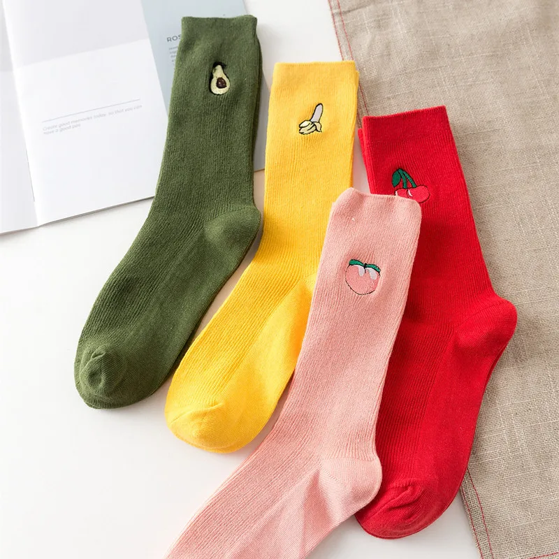 New Embroidery Mid Calf Sock Fruit Pattern Women Korean Pile Heap Socks Solid Color Knitted Autumn Winter Warm Femme | Женская одежда