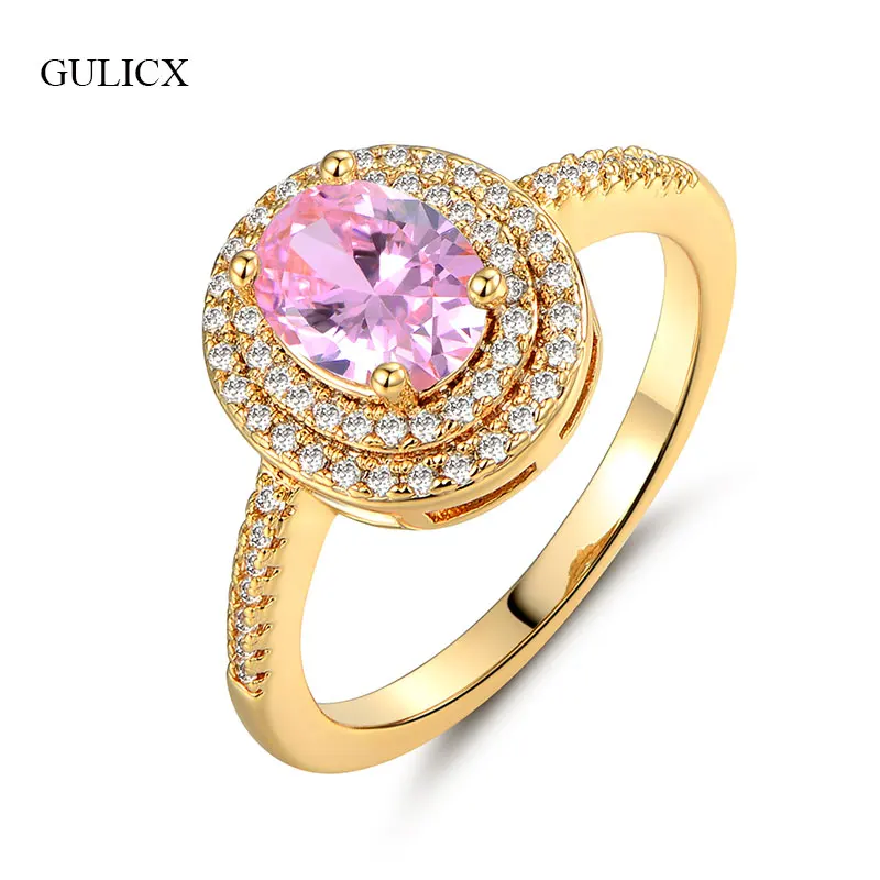 

GULICX Romantic Wedding Rings For Women Pink Crystal Cubic Zirconia Female Finger Ring Gold-Color Engagement Ring Jewelry GLR294
