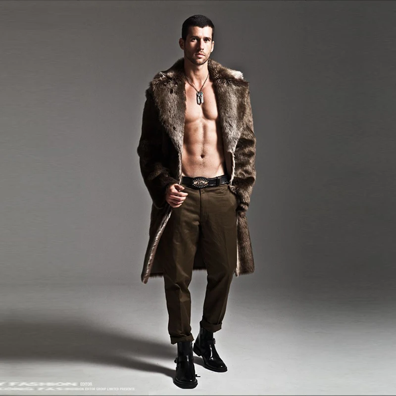 Мужское длинное пальто из искусственного меха коричневого цвета, теплое и удобное, зима, бренд Maylooks Hn114