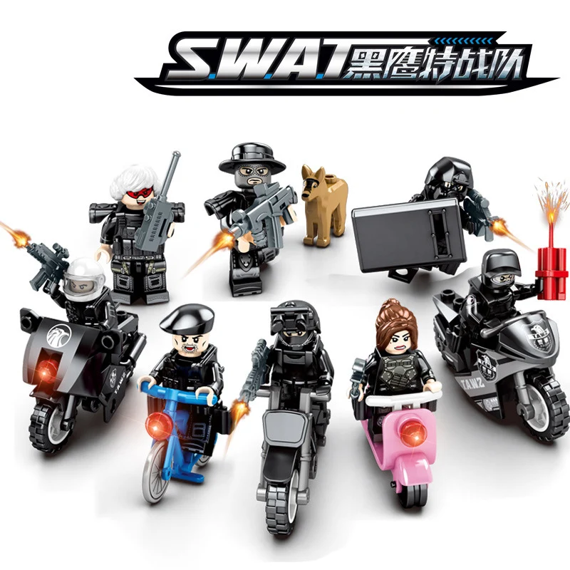 

8pc/lot Children's educational building blocks toy Compatible Legoings city SWAT man weapon motorcycle car boy military toy gift