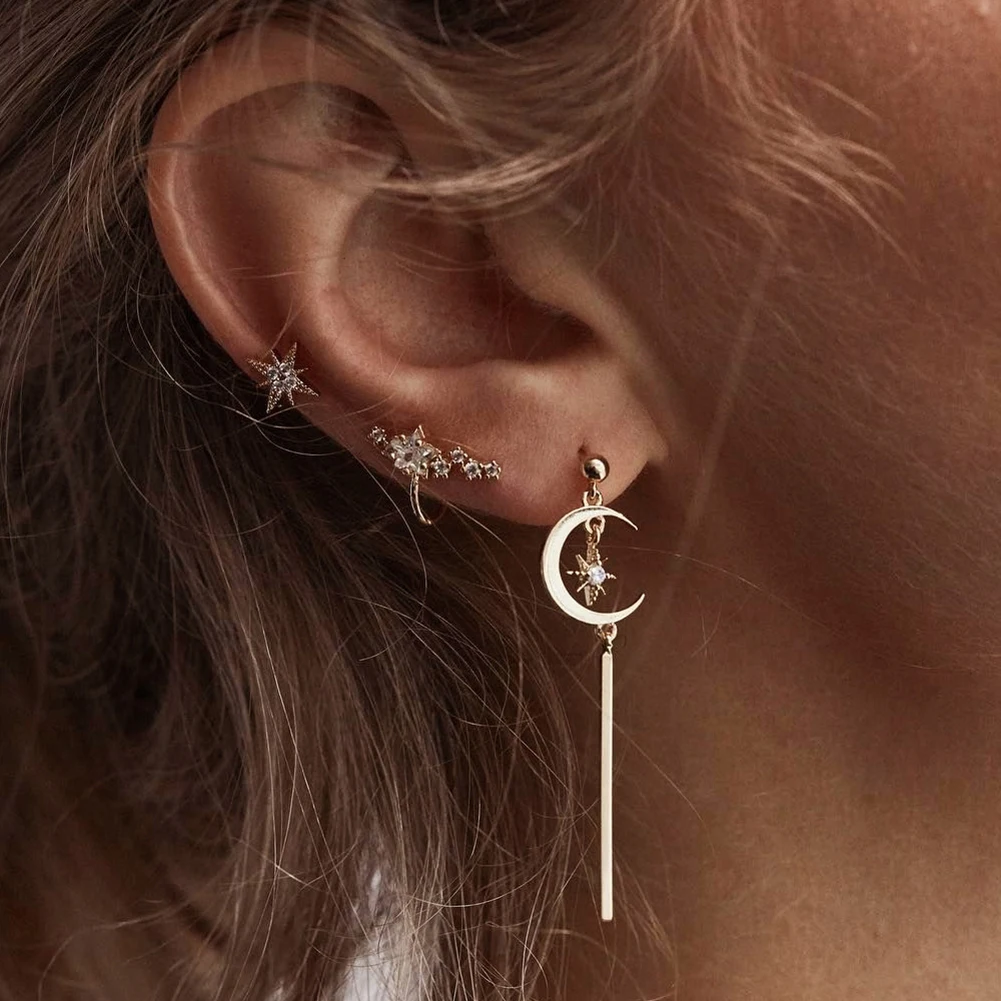 3Pcs/Sets Ear Stud Earring Chic Boho Lady Gold Star Moon Crystal