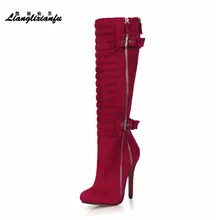 LLXF/модные сапоги до колена, ремень с пряжкой мотоциклом обувь на молнии на высоком тонком каблуке 12 см женские свадебные туфли-лодочки, большие размеры 35-42, 43