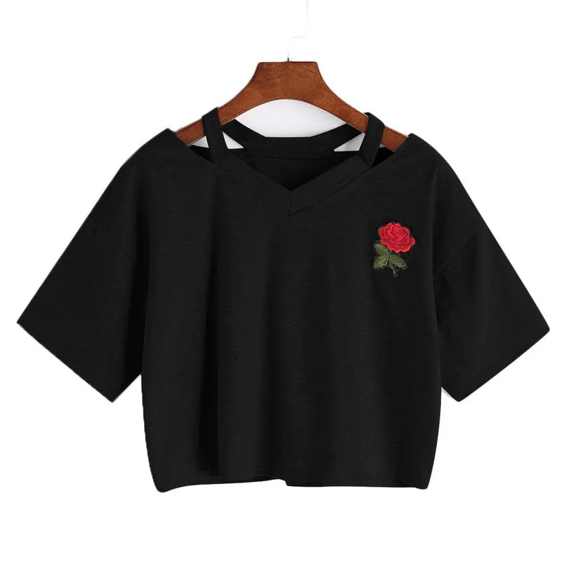 

LASPERAL Sexy Floral Printed T Shirt Women Solid Short Summer Hollow Out Casual Harajuku Crop Top Rose Embroidery T-shirts 2018
