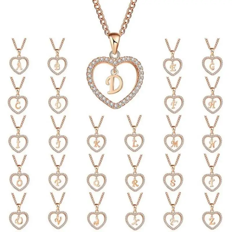Shellhard Rose Gold Initial Alphabet Letter A-Z Chain Romantic Love Heart Crystal Pendant Necklace Charms Women Birthday Jewelry