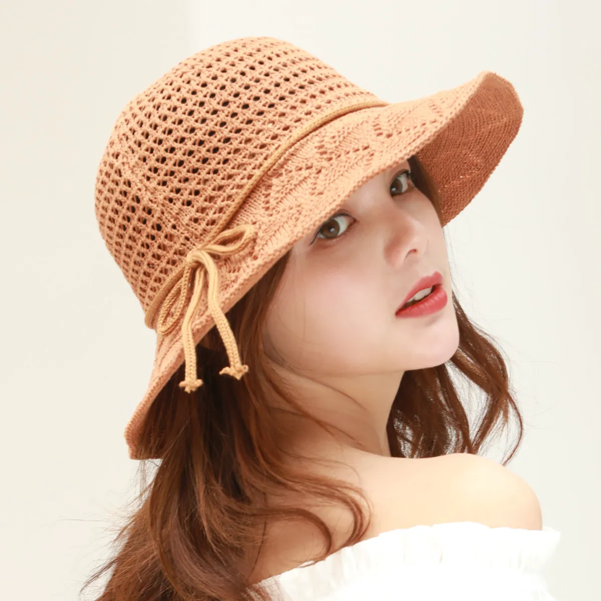 

Fashion basin cap ladies spring and summer folding beach hat cotton line knit diamond visor bow sunscreen sun hat