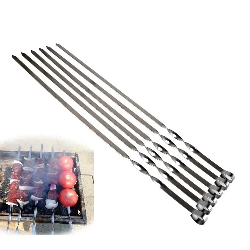 Stainless Steel Barbecue Skewer Sticks BBQ Forks Set Long Handle Kabob Skewers Flat Heavy Duty Camping Tools 21.6'' 55CM 6-12pcs barbecue skewers bbq grilling accessories