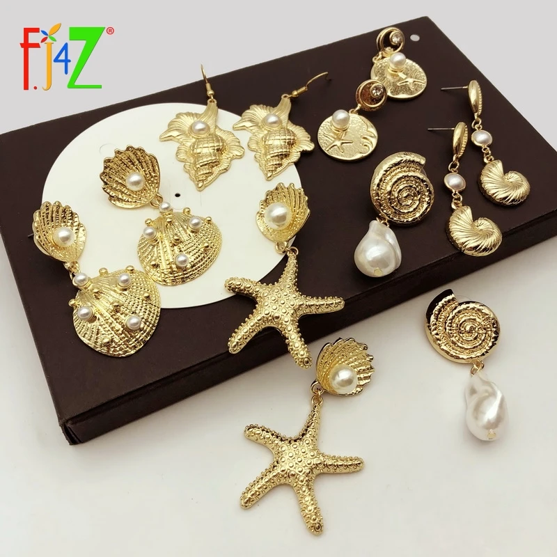 

F.J4Z New Hot Seashell Earrings Fashion Alloy Conches Simulated Pearl Shell Women Drop Earring Summer Beach Jewelry Collection